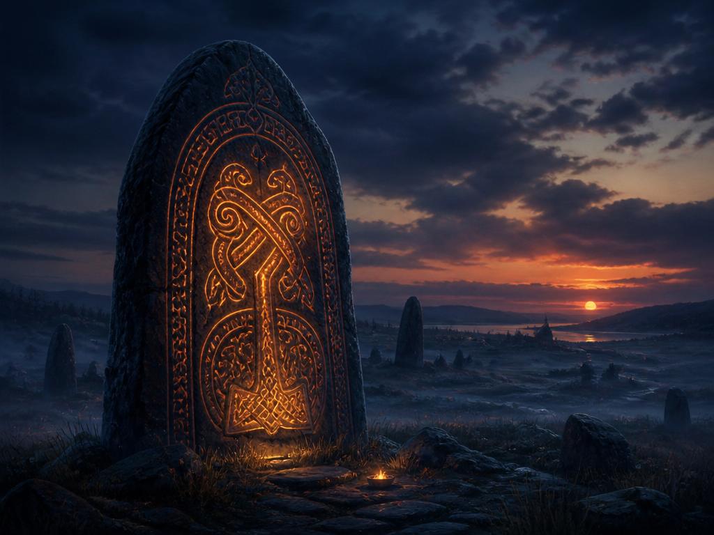 Runesten i et nordisk landskab ved solnedgang